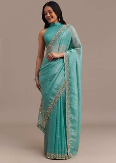 Light Blue Crushed Tissue Saree Embroidered With Cutdana And Sequins