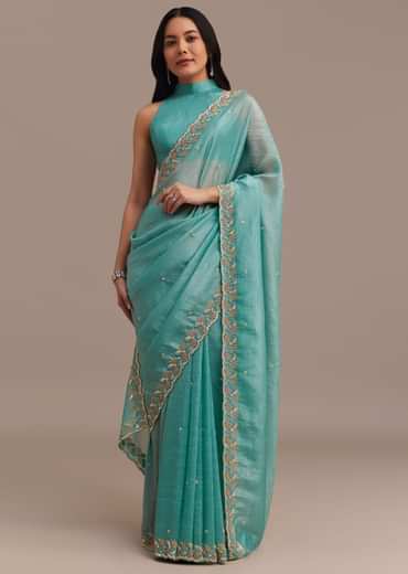 Light Blue Crushed Tissue Saree Embroidered With Cutdana And Sequins