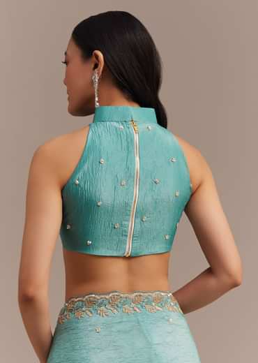 Light Blue Crushed Tissue Saree Embroidered With Cutdana And Sequins