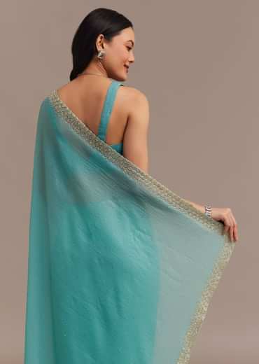Light Blue Crushed Tissue Saree Embroidered With Cutdana And Stones