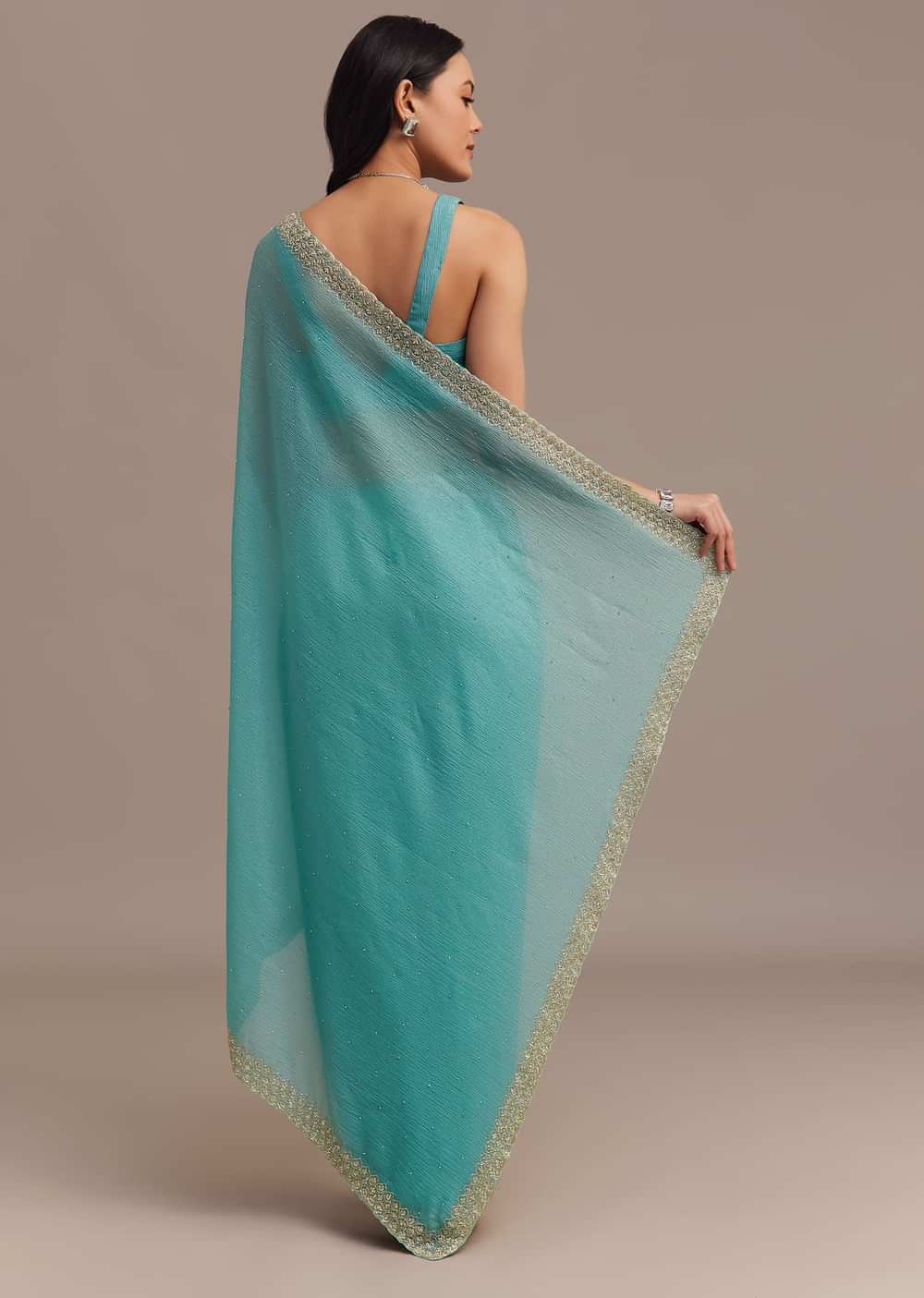 Light Blue Crushed Tissue Saree Embroidered With Cutdana And Stones