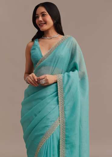 Light Blue Crushed Tissue Saree Embroidered With Cutdana And Stones