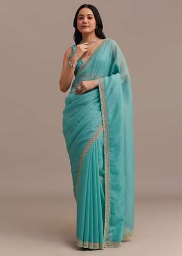 Light Blue Crushed Tissue Saree Embroidered With Cutdana And Stones
