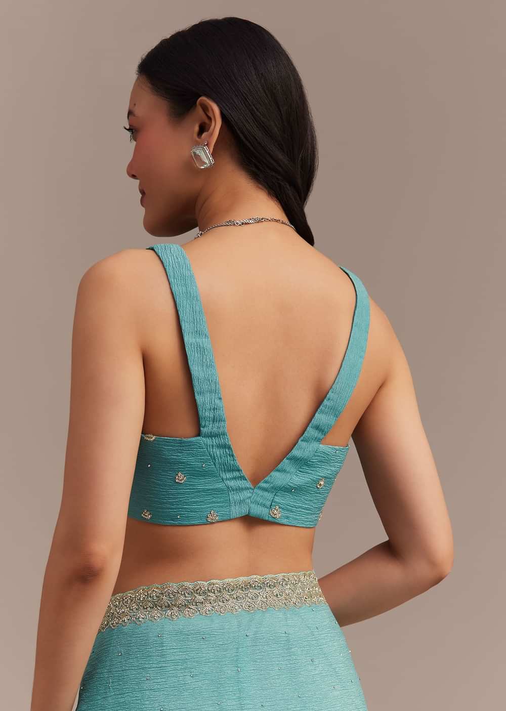 Light Blue Crushed Tissue Saree Embroidered With Cutdana And Stones