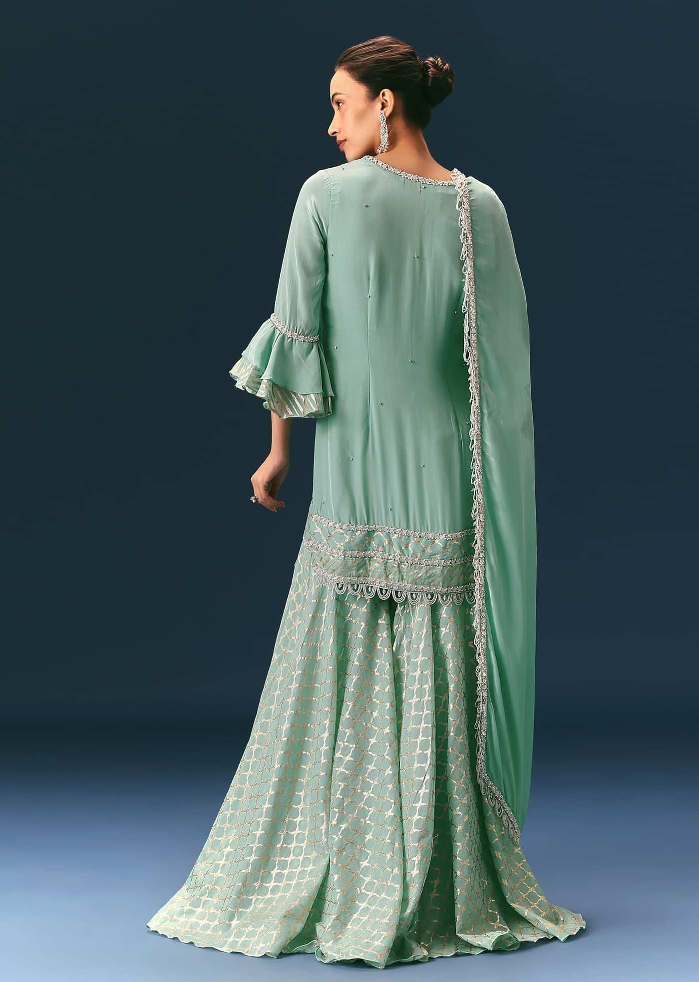 Light Blue Frill Sharara Suit With Tassel Dupatta