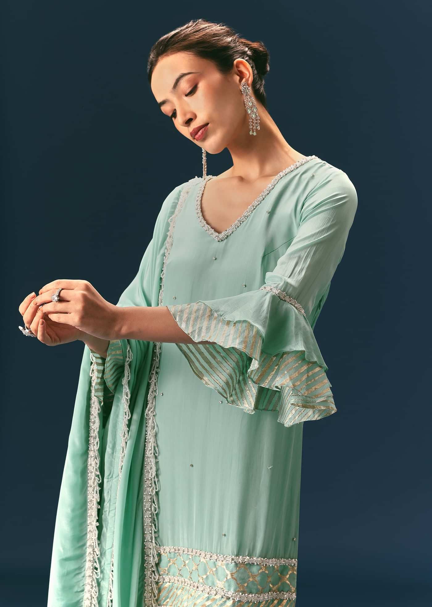 Light Blue Frill Sharara Suit With Tassel Dupatta