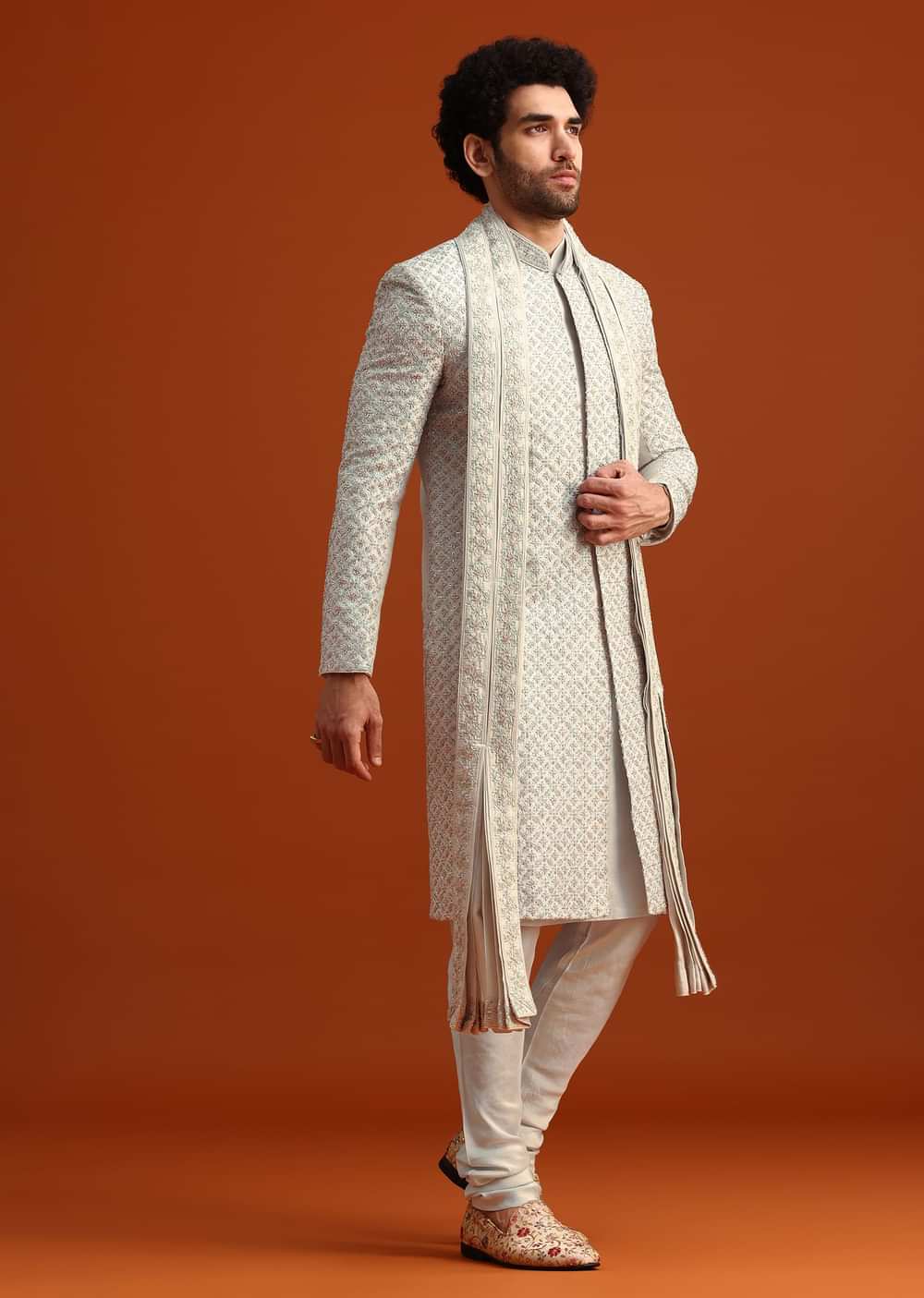 Light Blue Heavy Work Sherwani Set With Dupatta