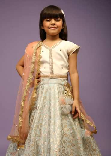 Kalki Girls Light Blue Lehenga In Brocade Silk With Weaved Floral Jaal And Off White Choli