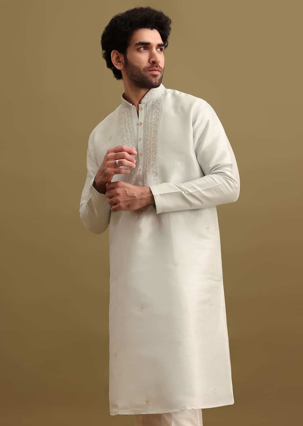 Light Blue Silk Kurta Set With Resham Work For Men