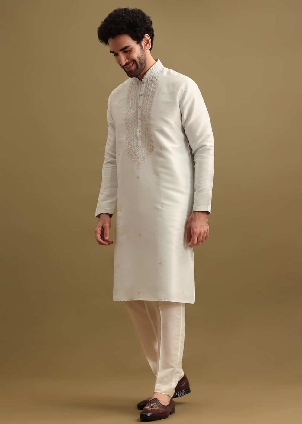 Light Blue Silk Kurta Set With Resham Work For Men