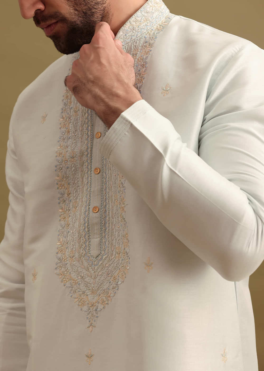 Light Blue Silk Kurta Set With Resham Work For Men