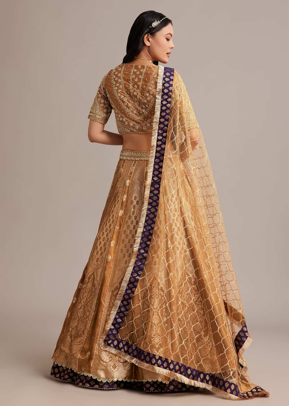 Light Brown Banarasi Silk Lehenga Set With Zardosi Work