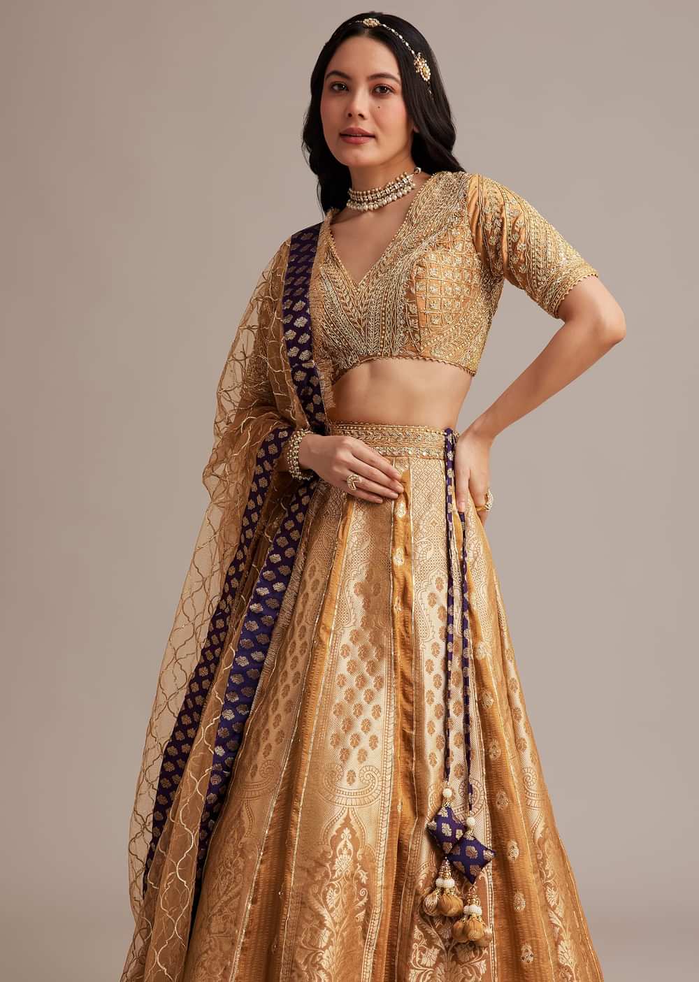 Light Brown Banarasi Silk Lehenga Set With Zardosi Work