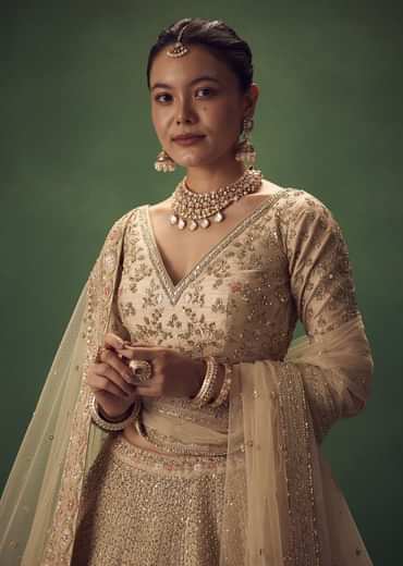 Light Gold Hand Embroidered Lehenga Set