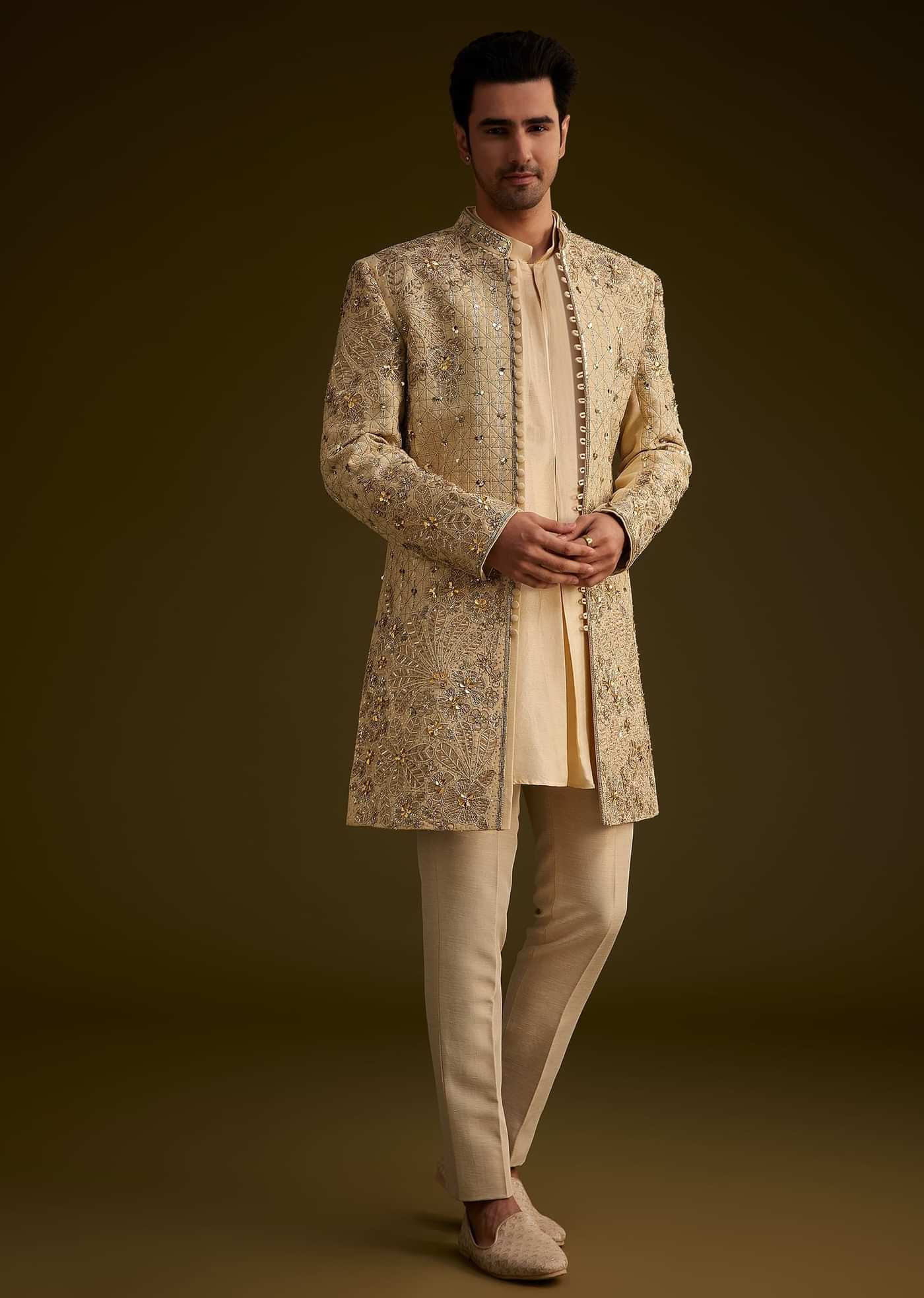 Light Gold Silk Open Sherwani Set With Zardosi Handwork