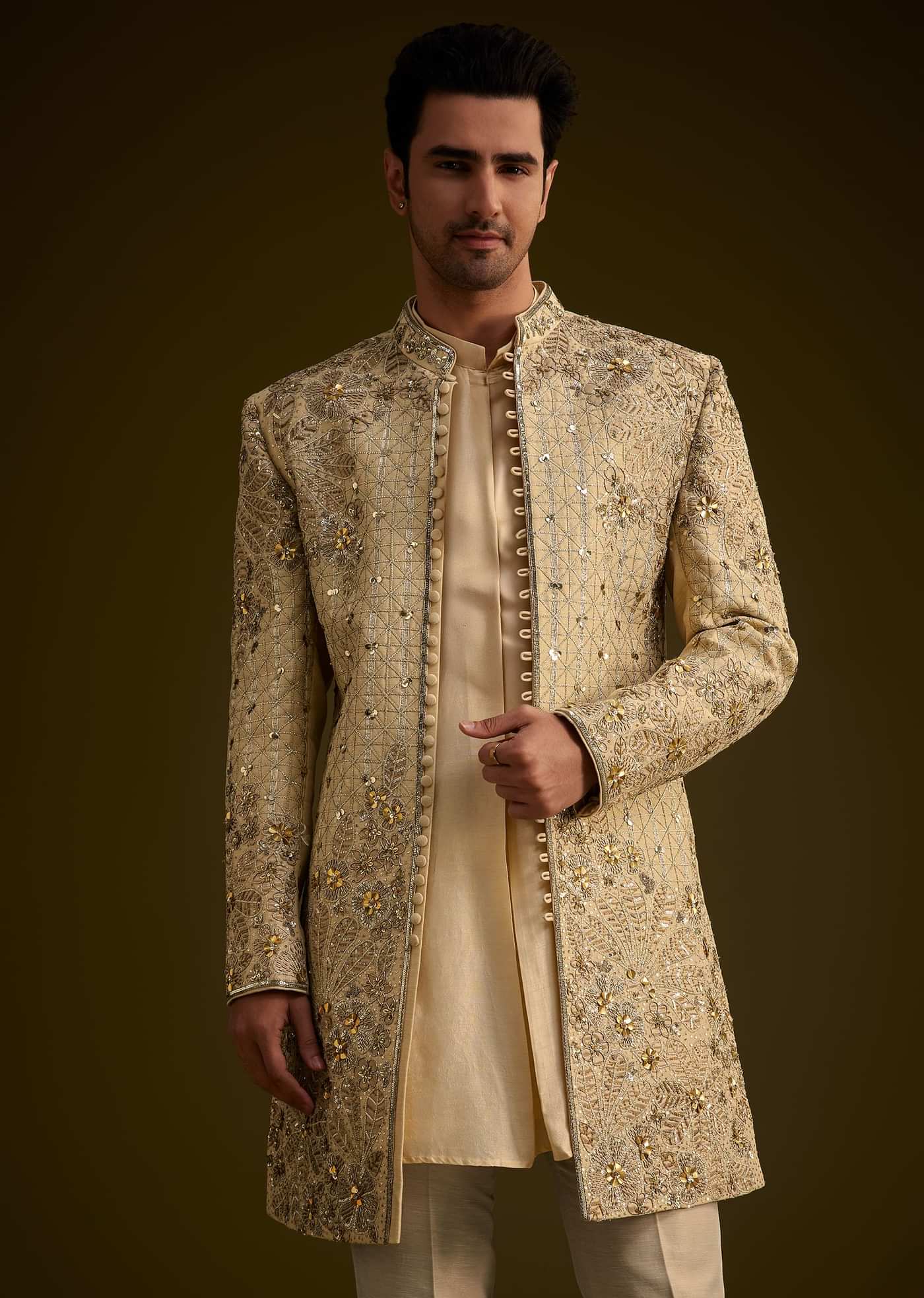 Light Gold Silk Open Sherwani Set With Zardosi Handwork