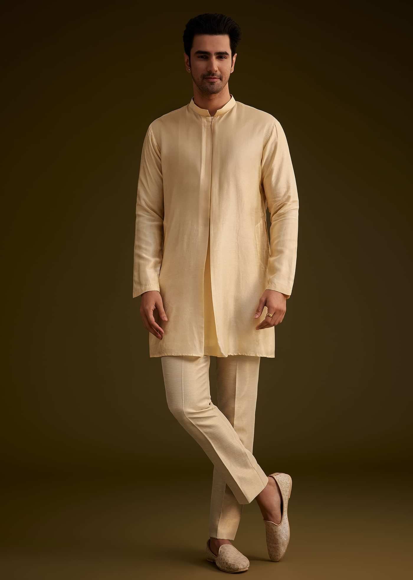 Light Gold Silk Open Sherwani Set With Zardosi Handwork