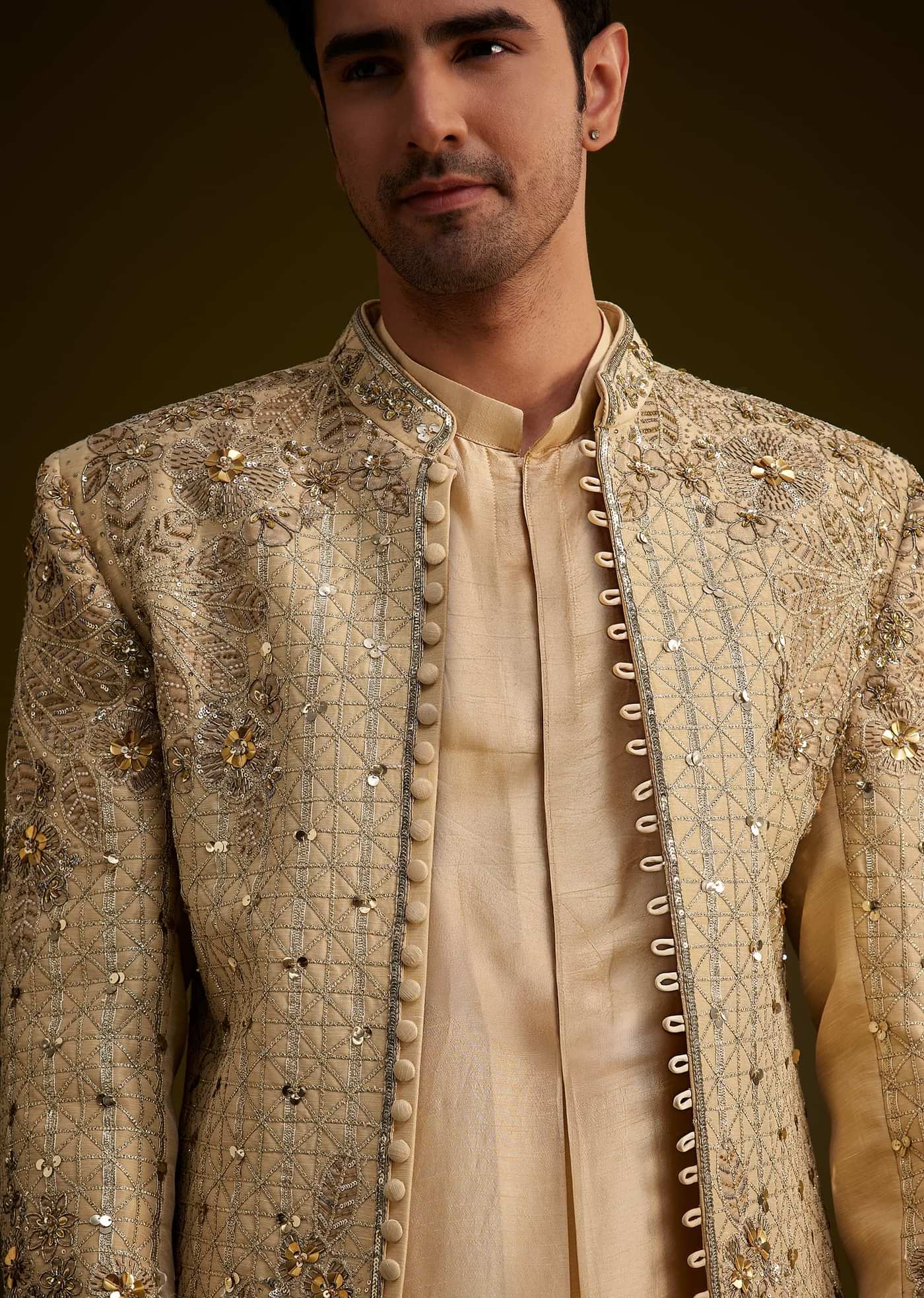 Light Gold Silk Open Sherwani Set With Zardosi Handwork