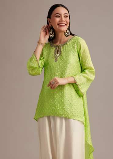 Light Green Bandhani High Low Kurta Set With Dhoti