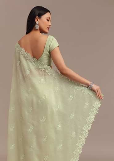 Light Green Crushed Tissue Saree With Resham Embroidered Border