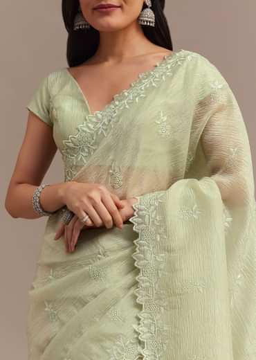 Light Green Crushed Tissue Saree With Resham Embroidered Border