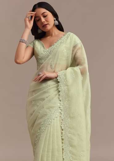 Light Green Crushed Tissue Saree With Resham Embroidered Border