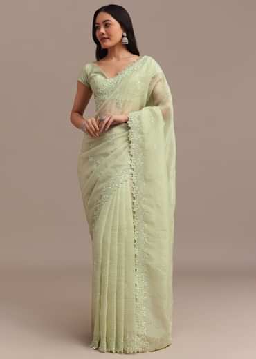 Light Green Crushed Tissue Saree With Resham Embroidered Border