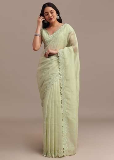 Light Green Crushed Tissue Saree With Resham Embroidered Border