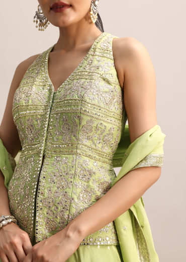 Light Green Embroidered Silk Kurta Palazzo With Dupatta