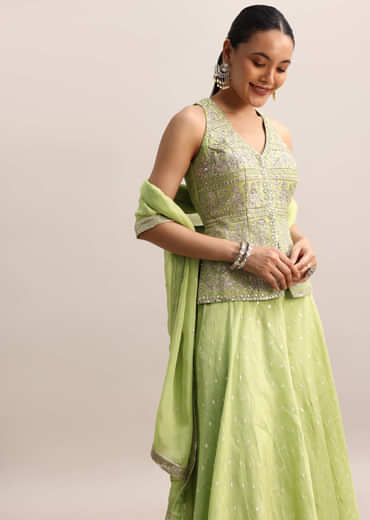 Light Green Embroidered Silk Kurta Palazzo With Dupatta