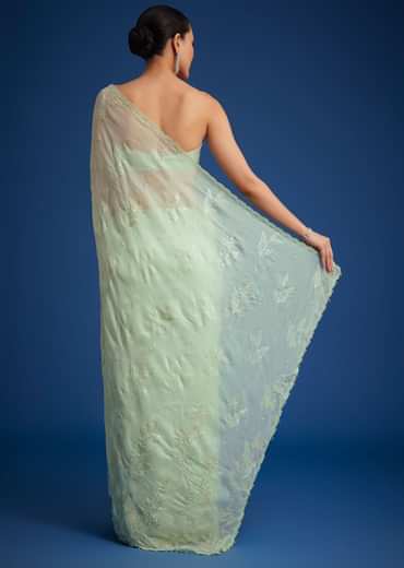 Light Green Georgette Saree With Cutdana And Bead Embroidery