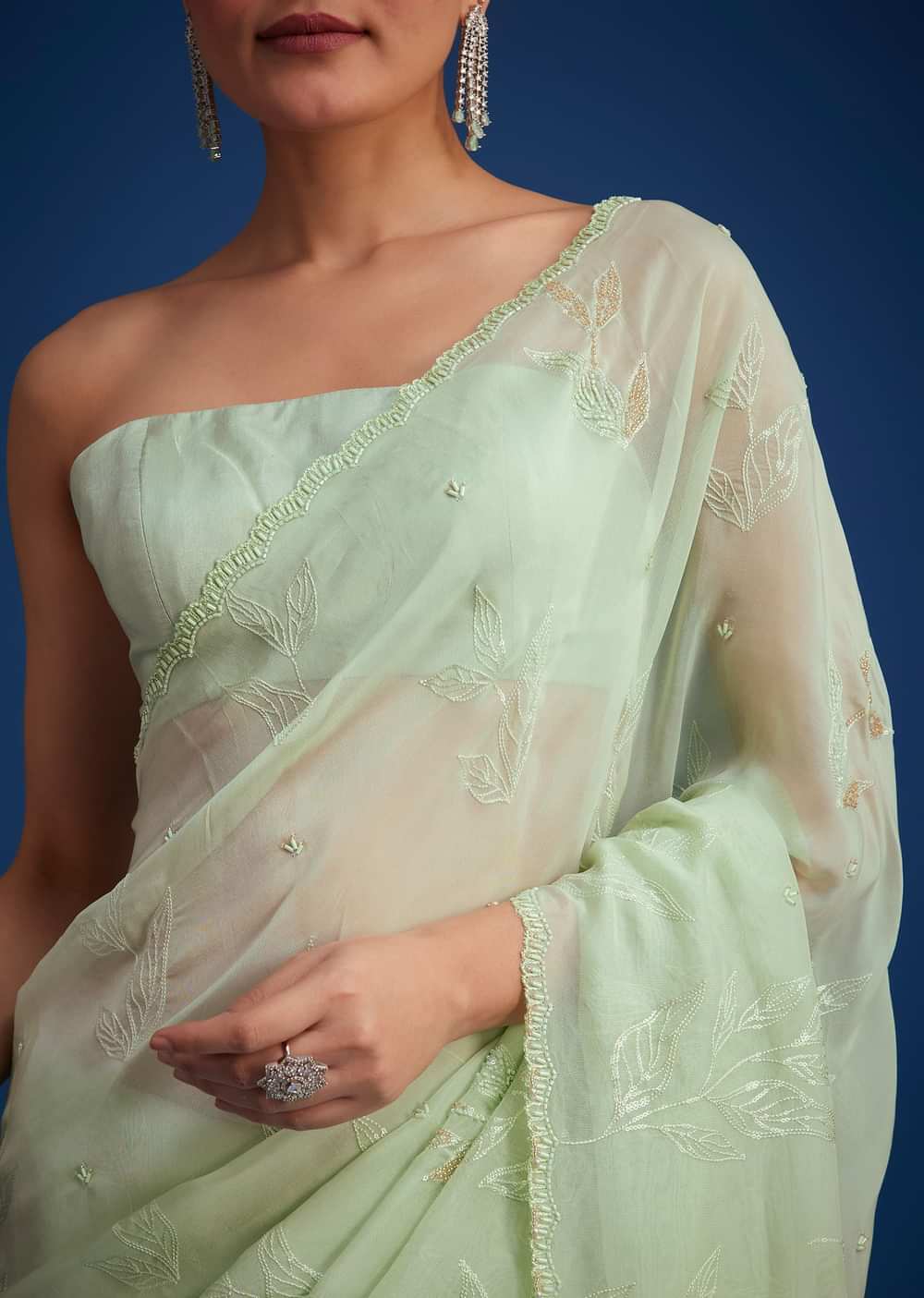 Light Green Georgette Saree With Cutdana And Bead Embroidery