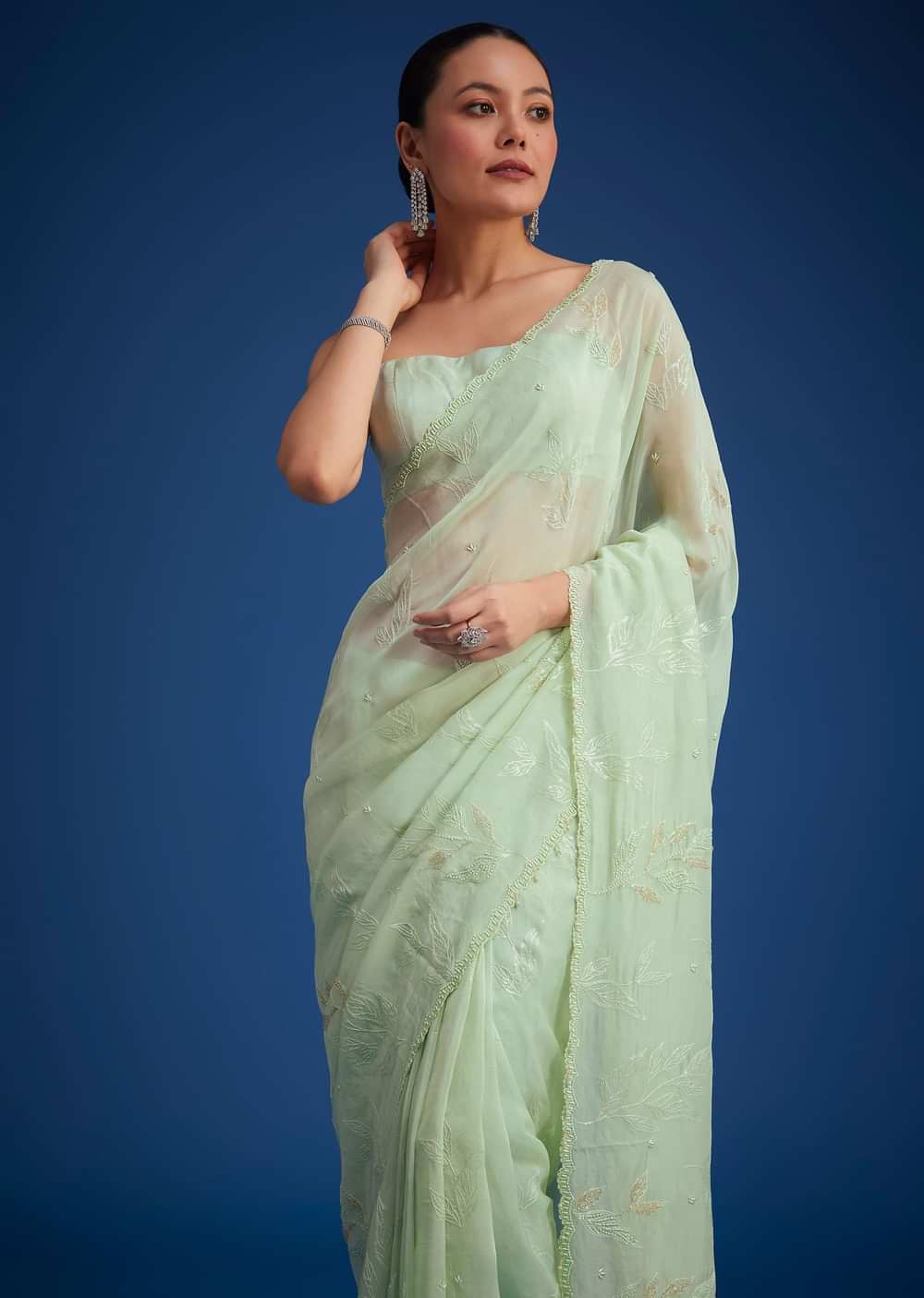 Light Green Georgette Saree With Cutdana And Bead Embroidery