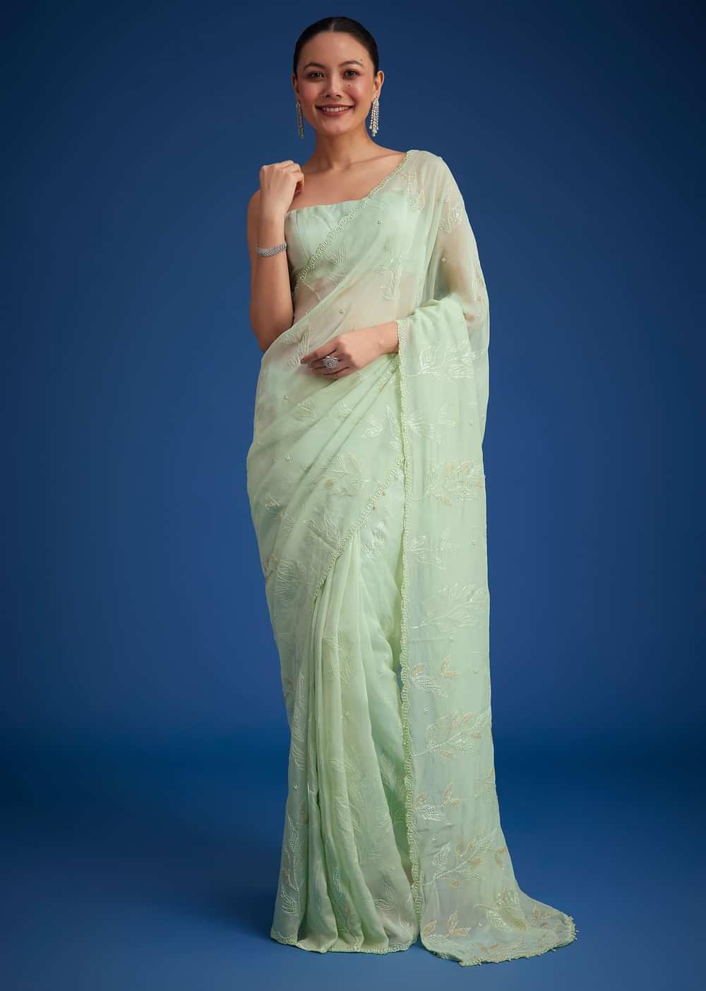 Light Green Georgette Saree With Cutdana And Bead Embroidery