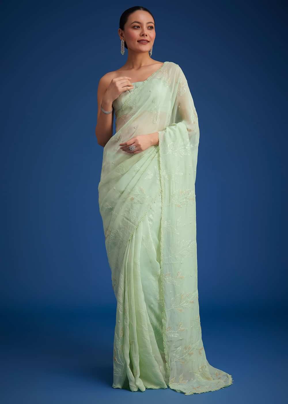 Light Green Georgette Saree With Cutdana And Bead Embroidery