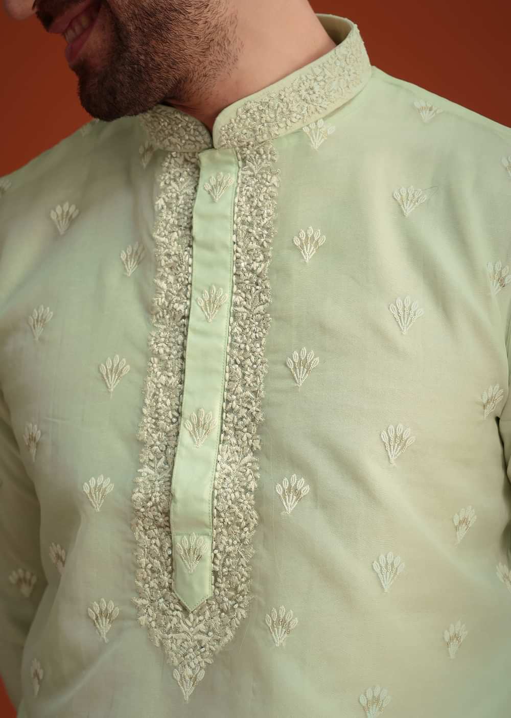 Light Green Organza Aligarhi Kurta With Zari Embroidery