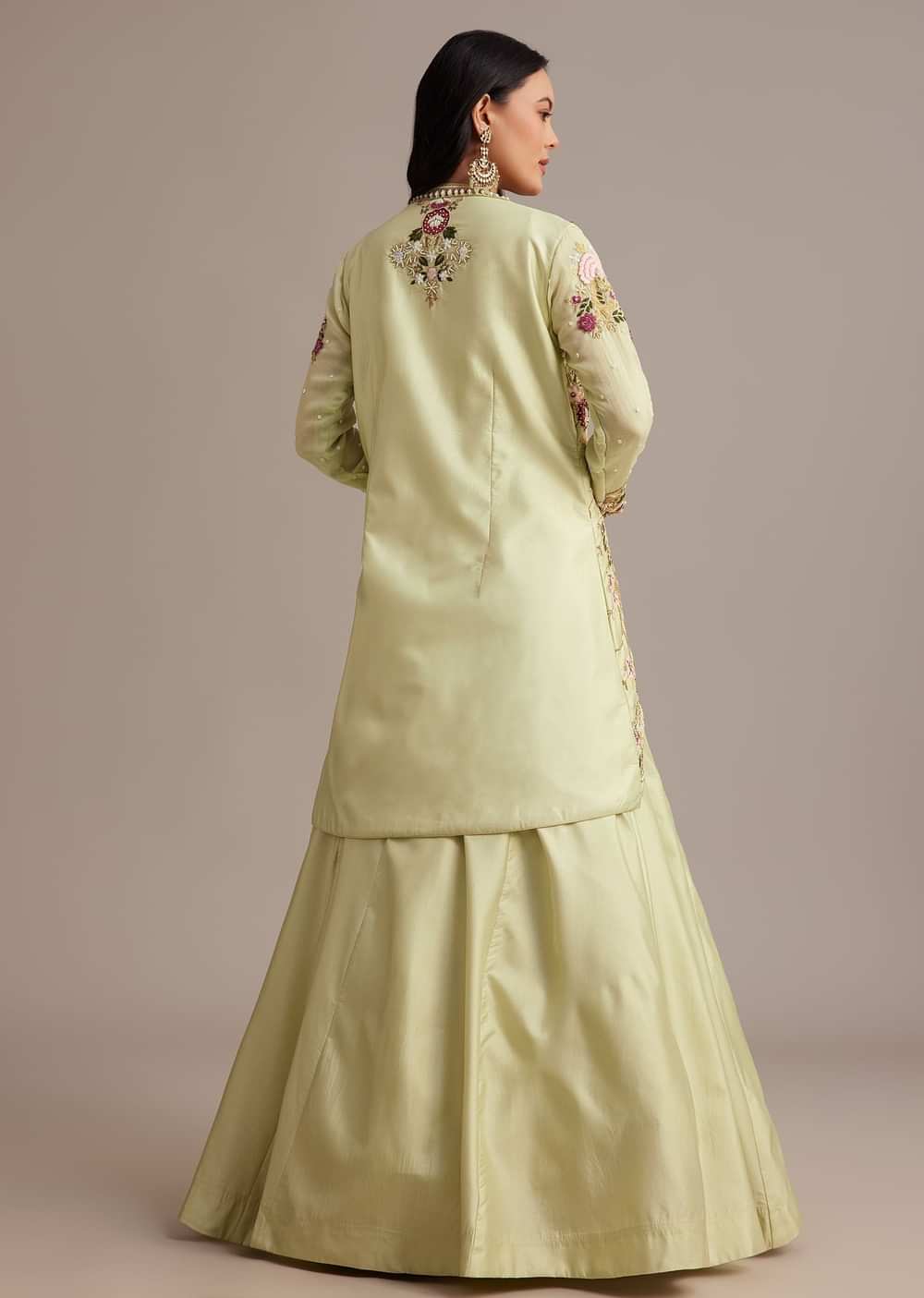 Light Green Silk Jacket Lehenga Set With Thread And Moti Work