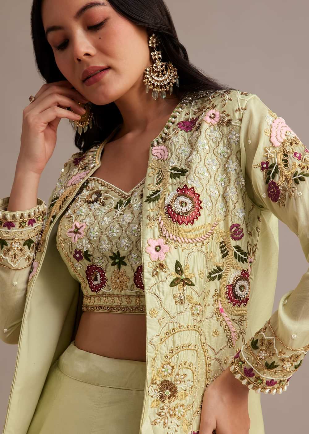 Light Green Silk Jacket Lehenga Set With Thread And Moti Work