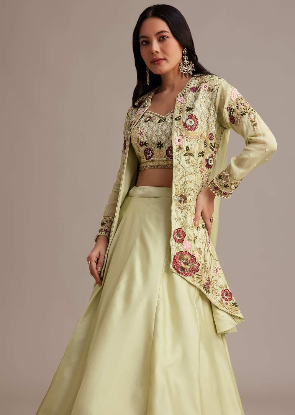 Light Green Silk Jacket Lehenga Set With Thread And Moti Work