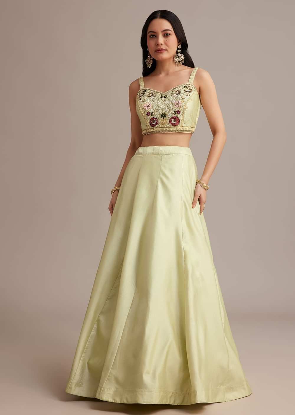 Light Green Silk Jacket Lehenga Set With Thread And Moti Work