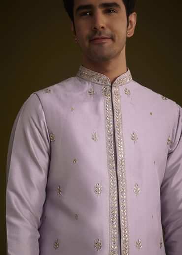 Light Lilac Cotton Silk Jacket Set With Floral Sequin Butti Embroidery