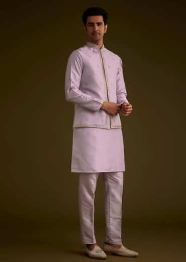 Light Lilac Cotton Silk Jacket Set With Floral Sequin Butti Embroidery