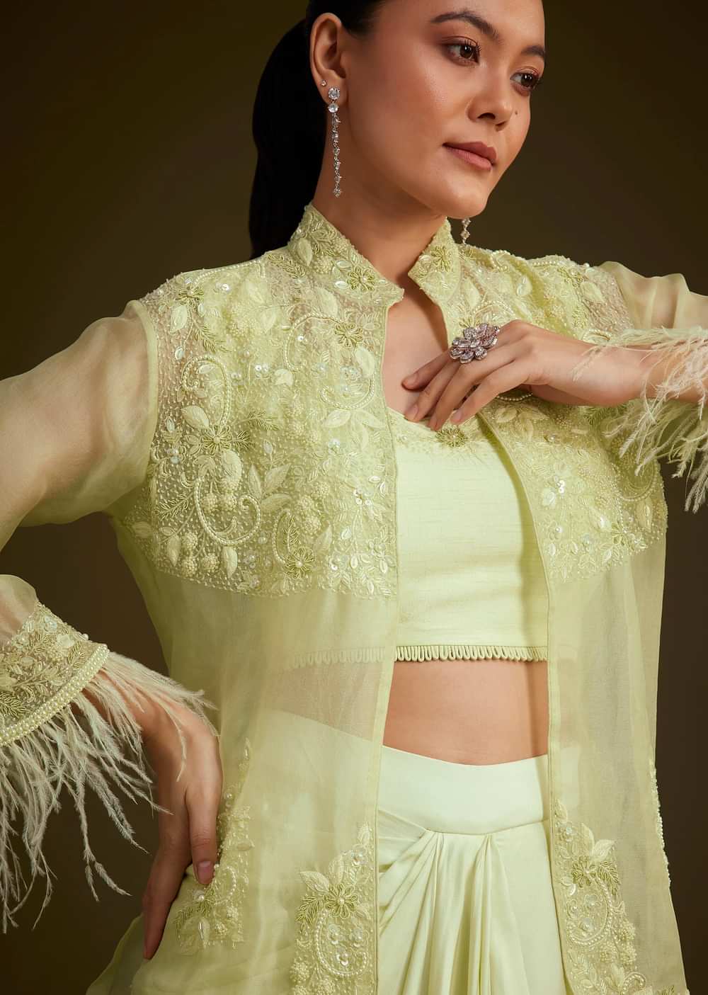 Light Lime Green Embroidered Crop Top And Jacket Set