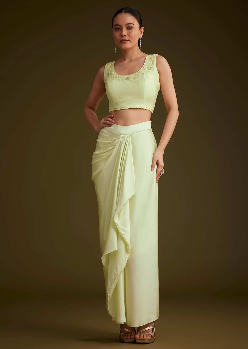 Light Lime Green Embroidered Crop Top And Jacket Set