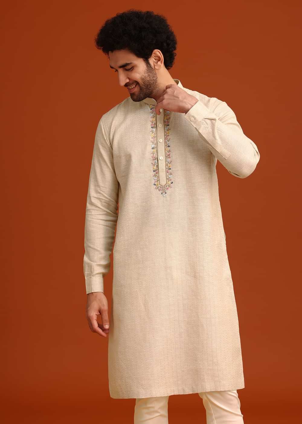 Light Natural Floral Resham Embroidered Kurta And Pant Set