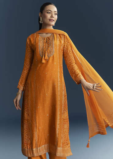 Light Orange Silk Bandhani Palazzo Suit With Embroidery
