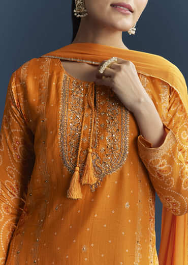 Light Orange Silk Bandhani Palazzo Suit With Embroidery