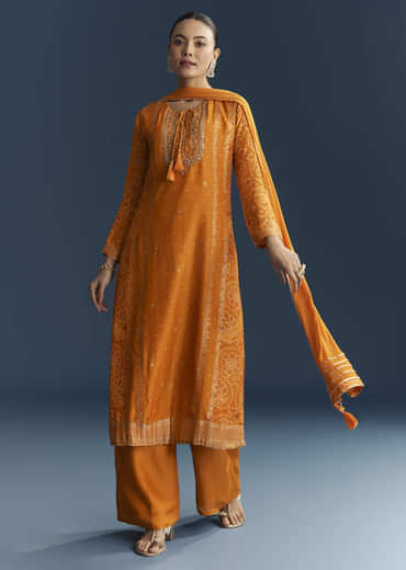 Light Orange Silk Bandhani Palazzo Suit With Embroidery