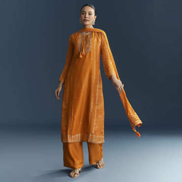 Light Orange Silk Bandhani Palazzo Suit With Embroidery
