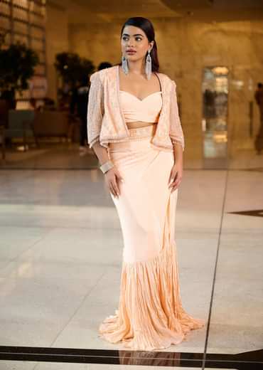 Light Peach Pleated Blouse With Short Jacket And Draped Frill Skirt